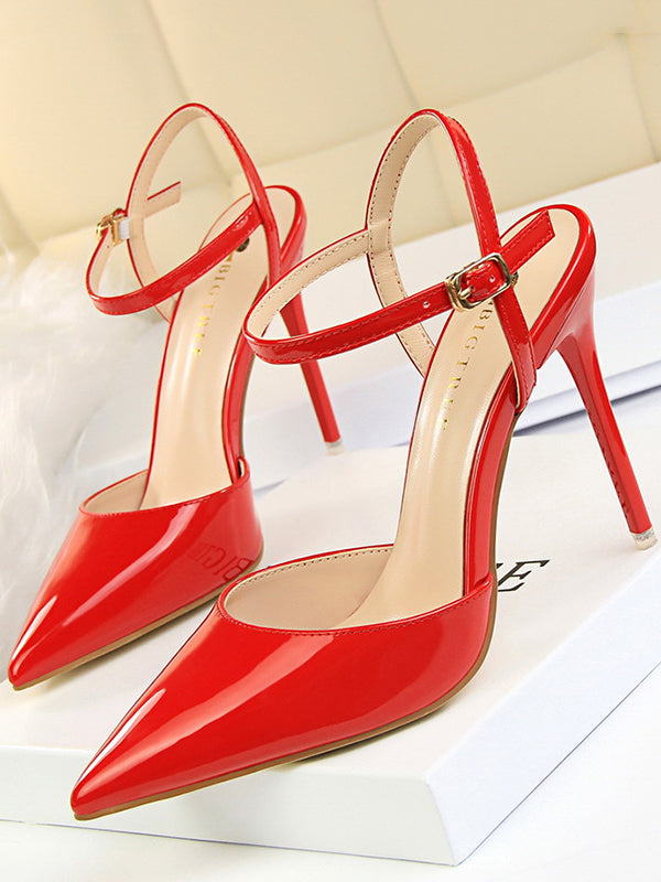 Belt Buckle Pointed-Toe Shiny Split-Joint Sandals Pumps