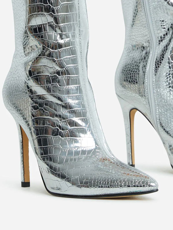 Crocodile Pattern Pointed-Toe Solid Color Zipper Stilettos Boots