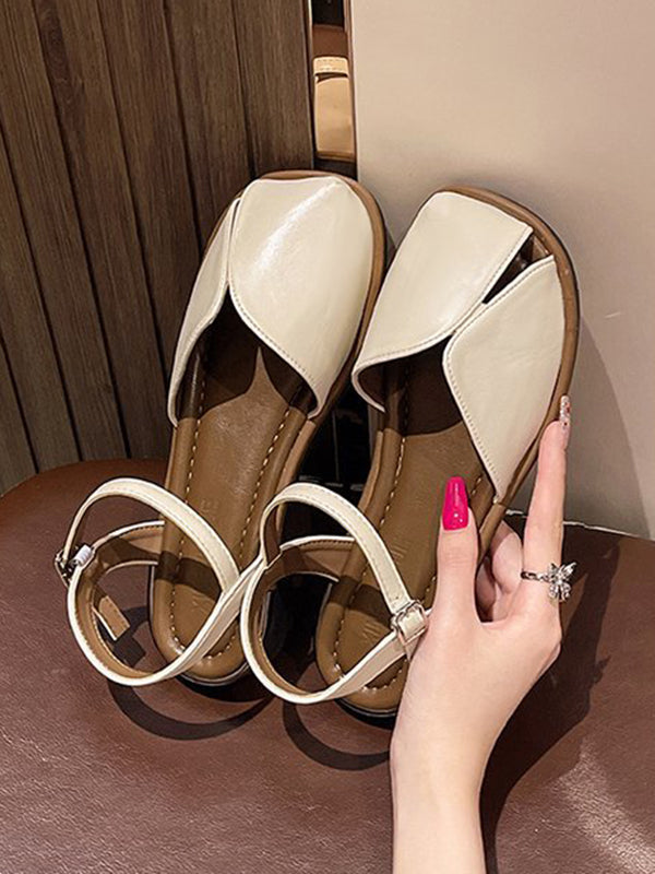 Belt Buckle Hollow Split-Joint Square-Toe Sandals Flat Shoes
