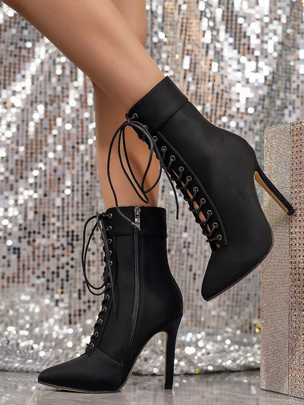 Hollow Pointed-Toe Solid Color Tied Zipper Stilettos Boots