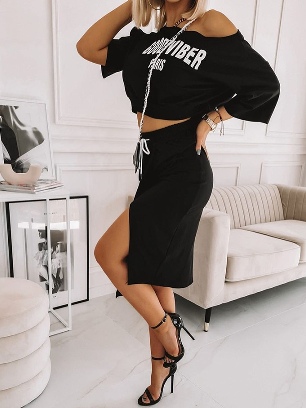 Champagne Wrap Letter Oblique Collar Skirt Set