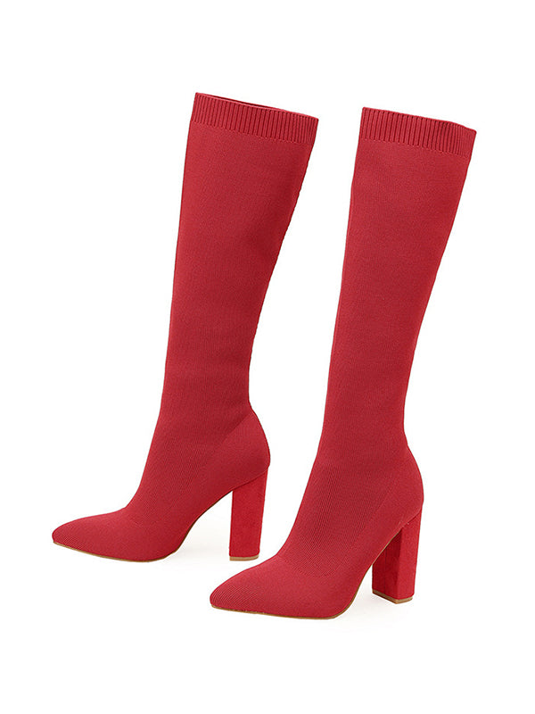 Pointed-Toe Solid Color Chunky Shoes Pumps Boots