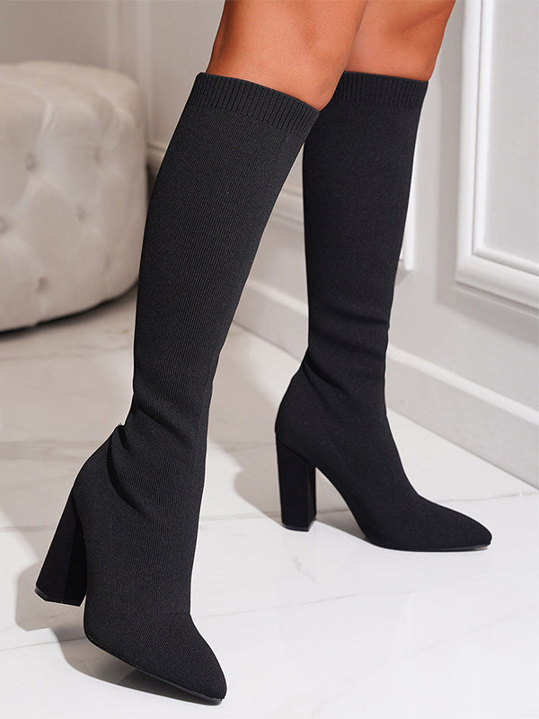 Pointed-Toe Solid Color Chunky Shoes Pumps Boots