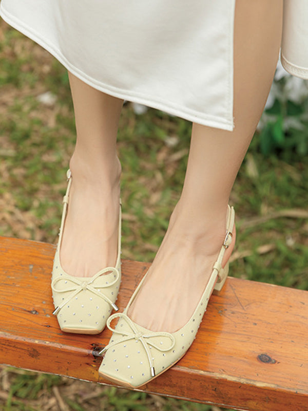 Belt Buckle Rhinestone Split-Joint Square-Toe Sling Shoes Pumps