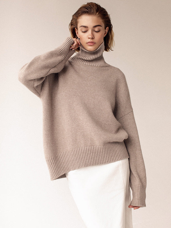 Casual Long Sleeves Loose Solid Color High-Neck Sweater Tops