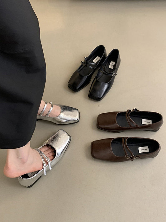 Belt Buckle Shallow Cut Split-Joint Square-Toe Mary Janes Flats
