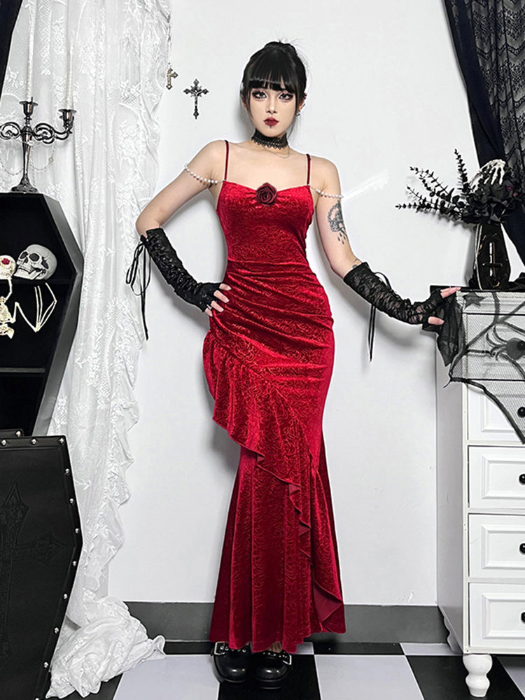 Velvet Fishtail Spaghetti Strap Backless Folds Sleeveless Ruched Rose Flower Party Dress