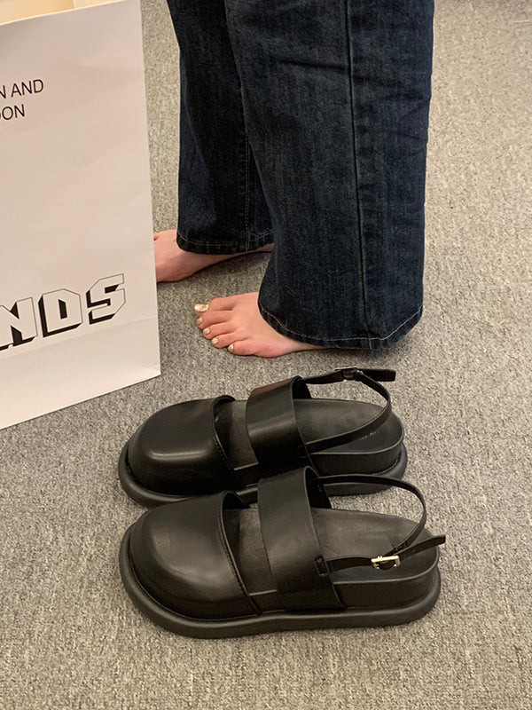 Belt Buckle Hollow Round-Toe Split-Joint Wedges & Flatform Sandals