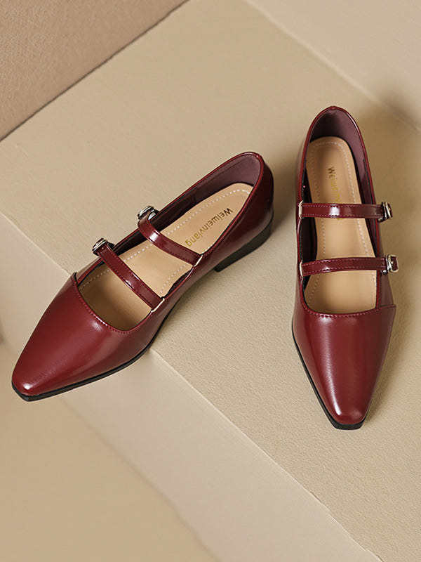 Belt Buckle Pointed-Toe Split-Joint Mary Janes Flat Shoes