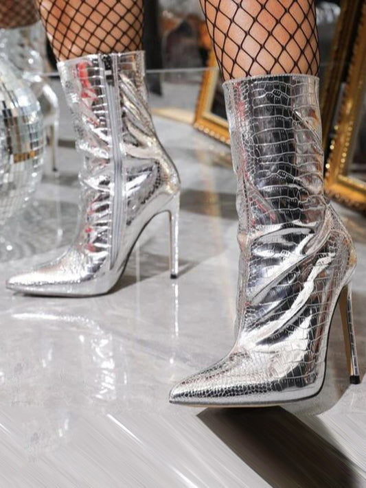 Crocodile Pattern Pointed-Toe Solid Color Zipper Stilettos Boots