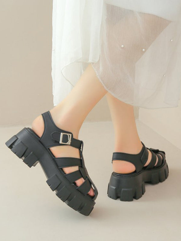 Belt Buckle Hollow Round-Toe Split-Joint Sandals Platform Shoes Gladiators