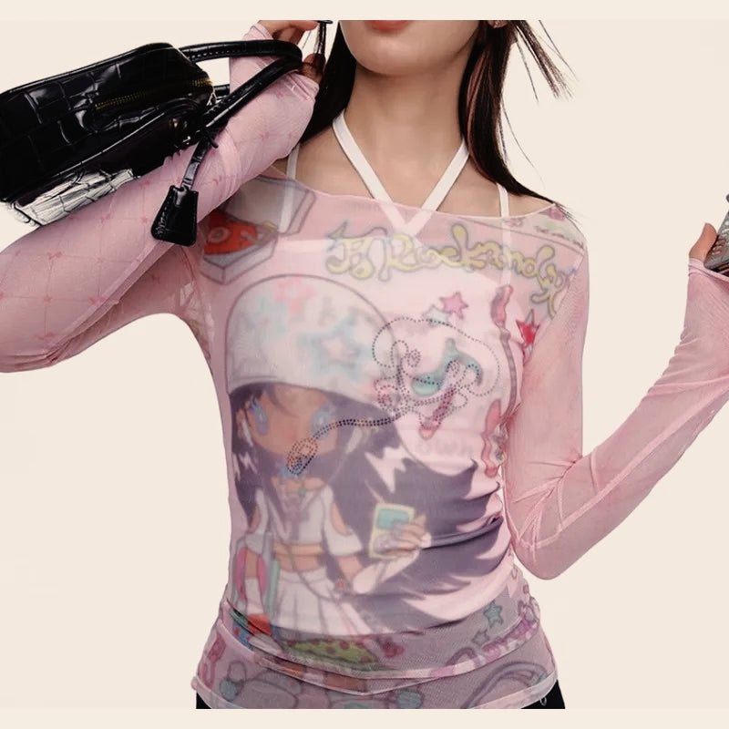 Y2K Patchwork Mesh Long Sleeve Sheer Top