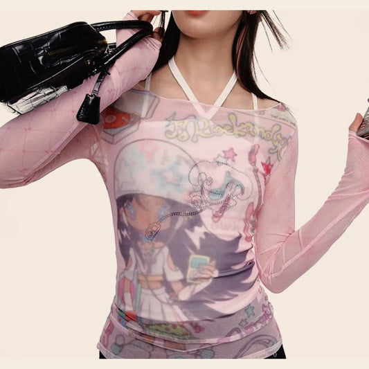 Y2K Patchwork Mesh Long Sleeve Sheer Top
