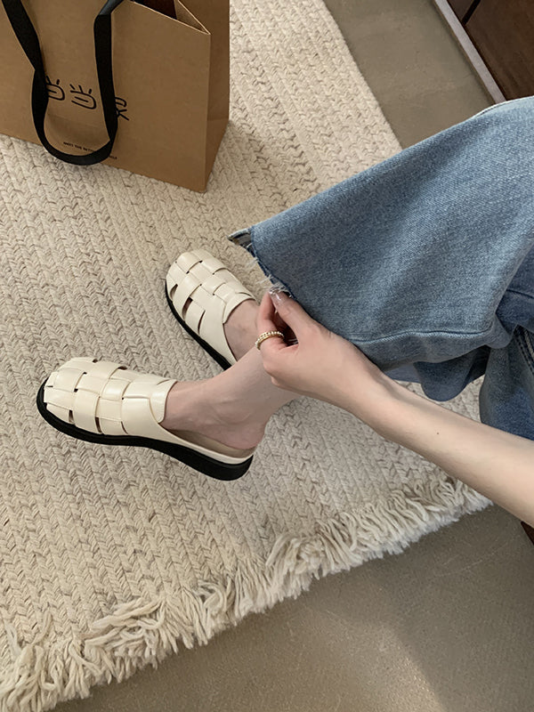 Hollow Round-Toe Split-Joint Woven Slippers&Mules Sandals