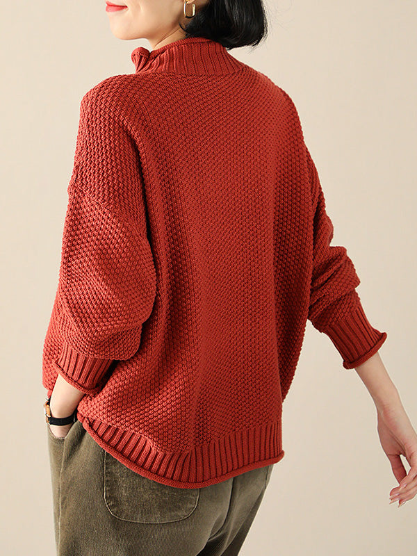 Casual Loose Long Sleeves Solid Color High-Neck Sweater Tops