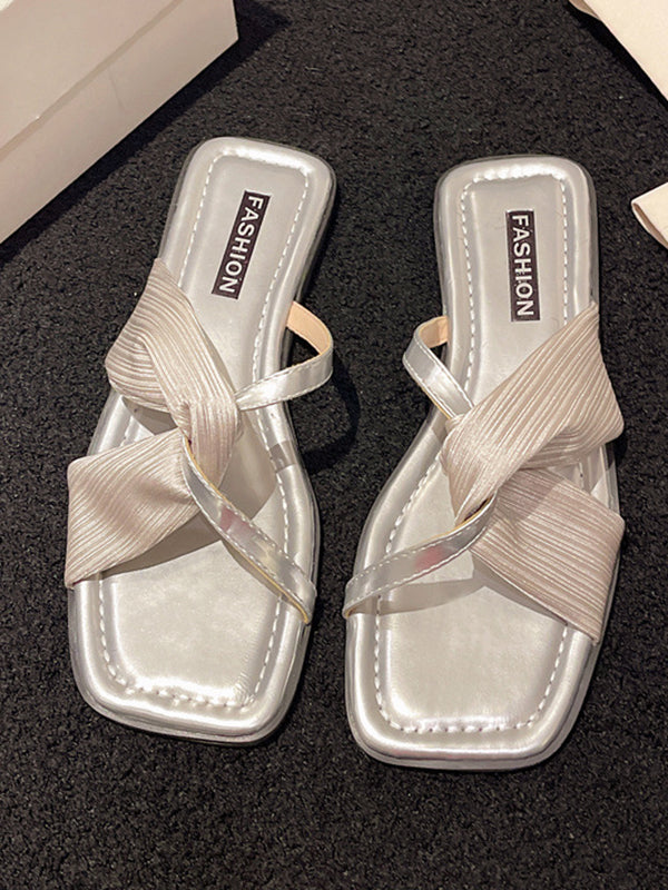 Pleated Split-Joint Square-Toe Slippers Sandals