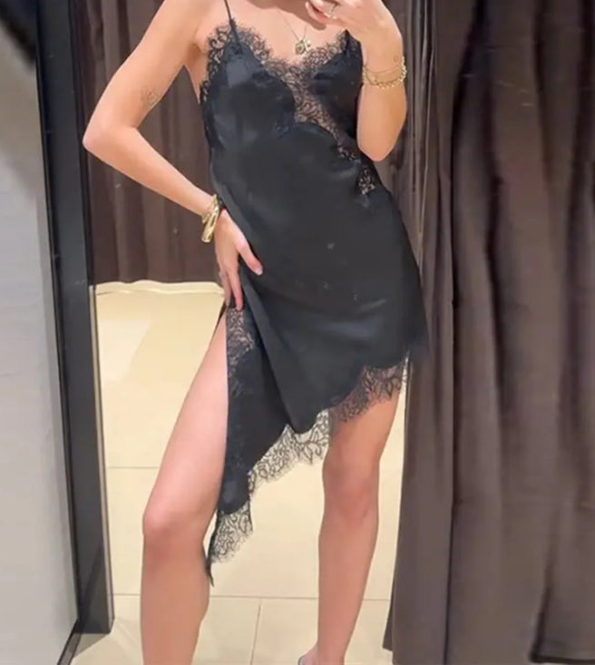 Satin Floral Lace Backless Mini Dress