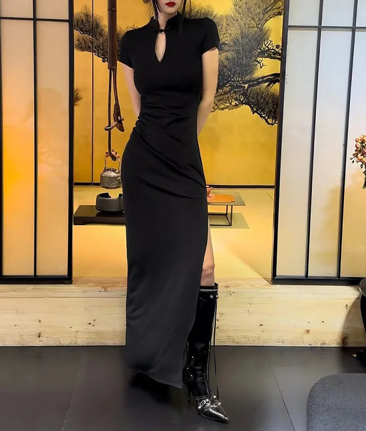 V Neck Button Slit Maxi Dress