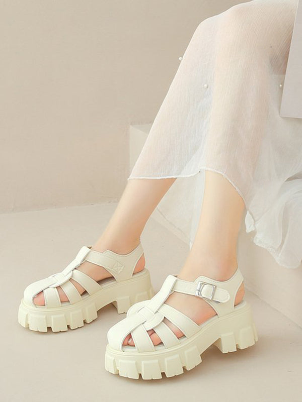 Belt Buckle Hollow Round-Toe Split-Joint Sandals Platform Shoes Gladiators