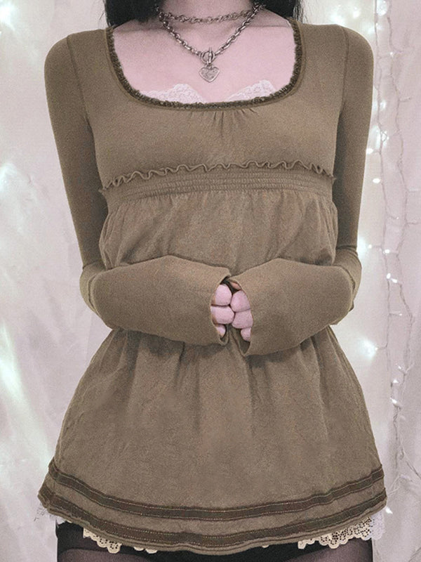 Brown Vintage Square Collar Stitching Long Sleeve Tee