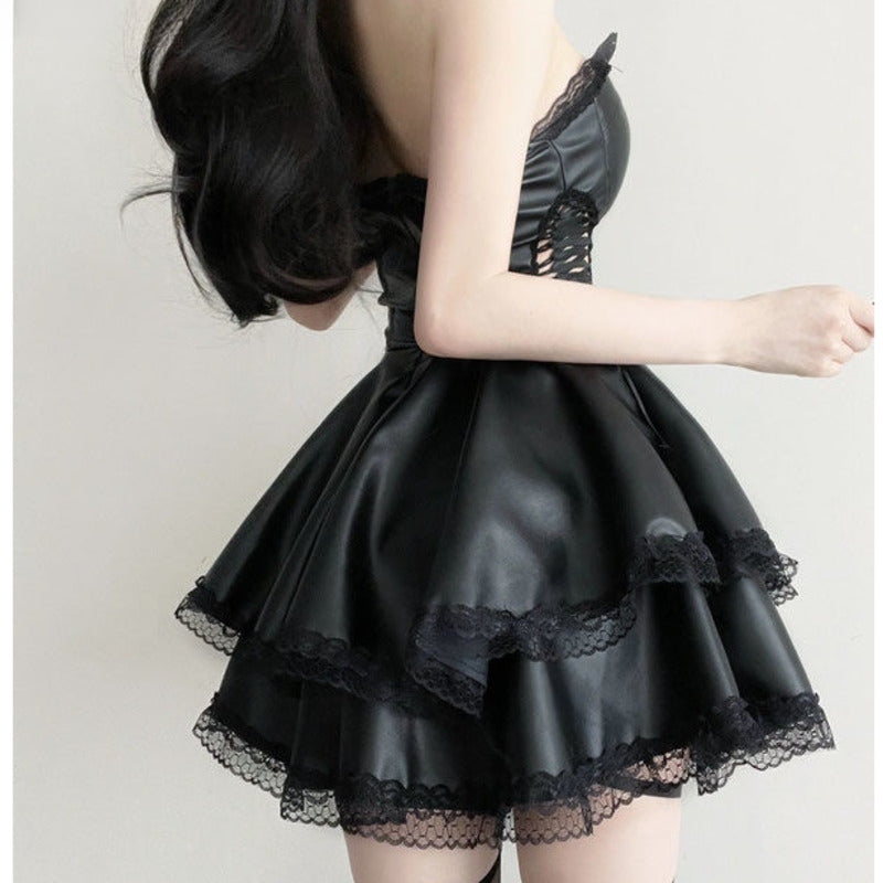 French Gothic Punk Black Party Dress Y2K Sweet Girls Luxury Slim Fit Summer Chest Wrap Mini Dress