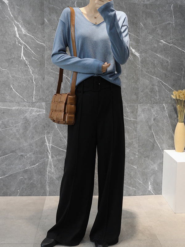 Simple Solid Color V-Neck Long Sleeve Knitwear Tops