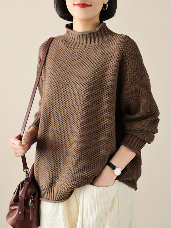 Casual Loose Long Sleeves Solid Color High-Neck Sweater Tops