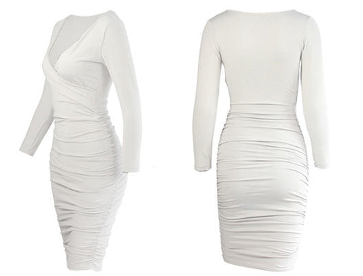 Ruched Solid White Black Red Long Sleeve Office Formal Dresses