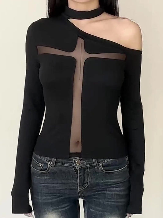Black Y2k Cross One Shoulder Long Sleeve Tee