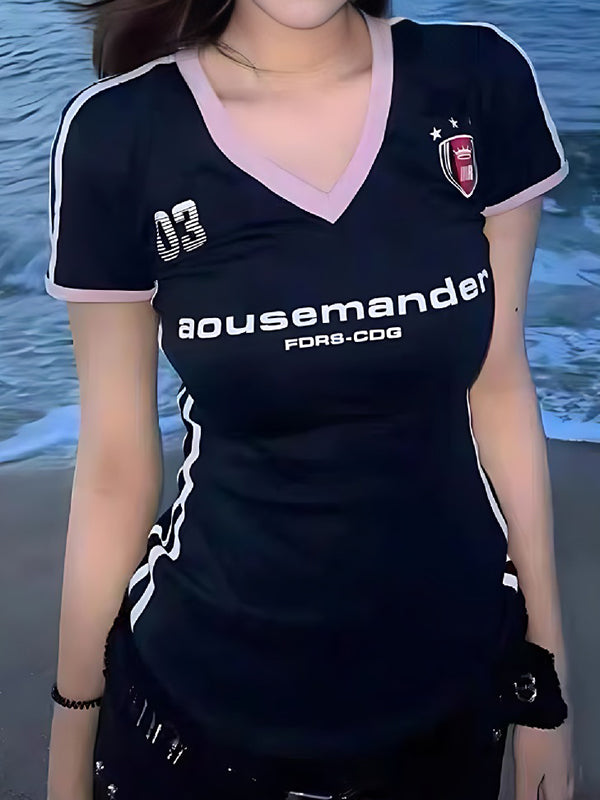 Contrast Vintage V Neck Short Sleeve T-Shirt