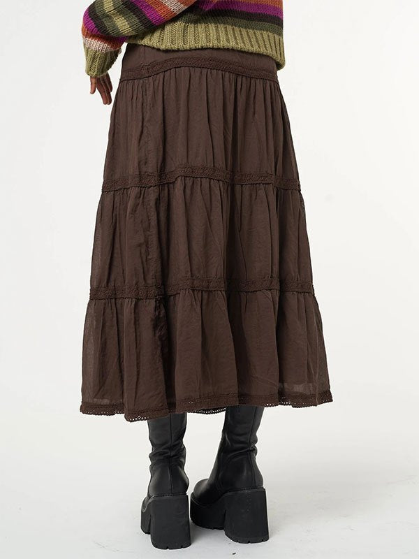 Brown Vintage Tiered Midi Skirt