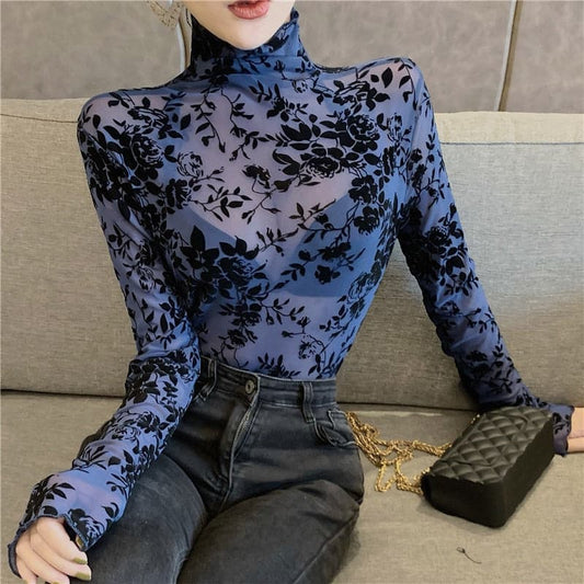 Girls Transparent Flocking Mesh Blouses Shirts Tees Female Turtleneck Full Sleeve Blouses Tops For Women