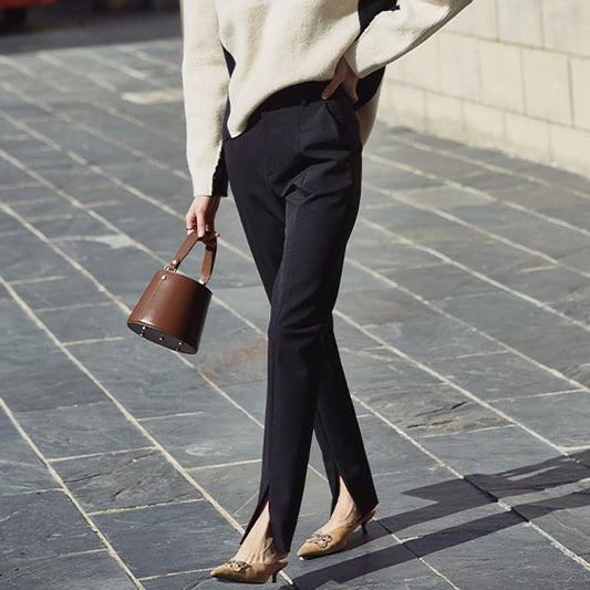 Spring New Ladies Black Pencil Pants bottom split Casual Pants Simple slim Elastic long Trousers For Women