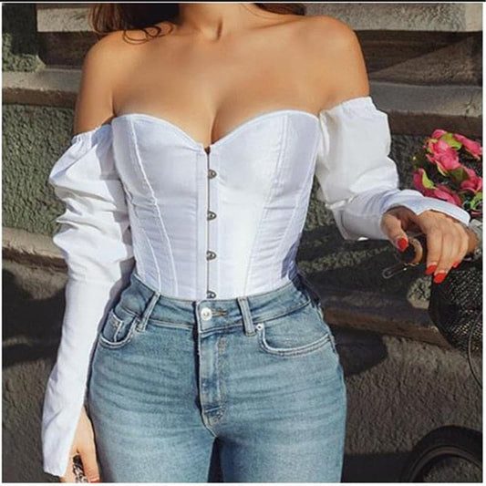 Off Shoulder Shirt  Blouse Lady Girls Fashion Back Bandage Slim Bustier Female Leotard Corset Ladies' Solid Tops Wear
