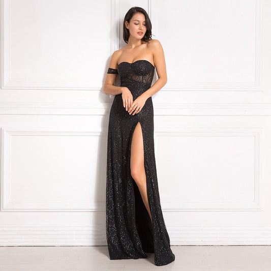 Off Shoulder Glitters Floor Length Split Party Dress