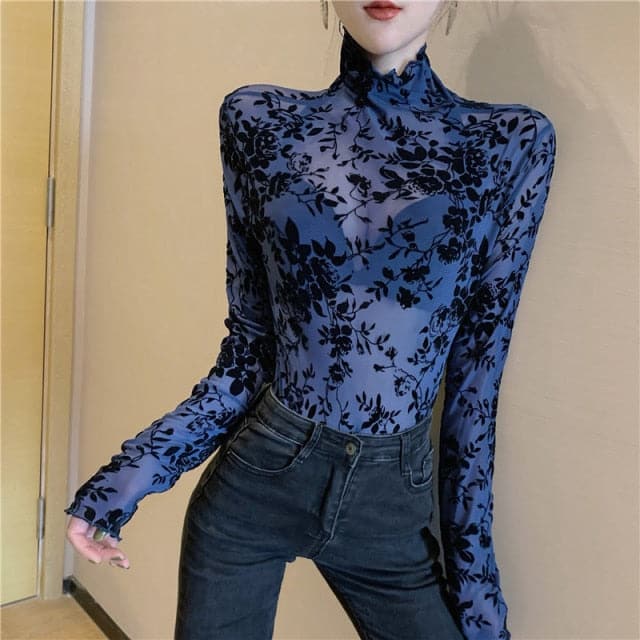 Girls Transparent Flocking Mesh Blouses Shirts Tees Female Turtleneck Full Sleeve Blouses Tops For Women