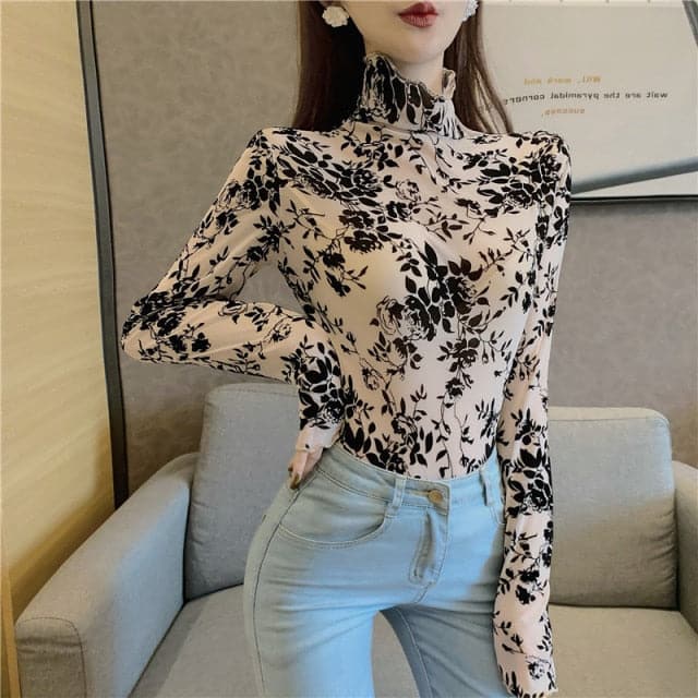 Girls Transparent Flocking Mesh Blouses Shirts Tees Female Turtleneck Full Sleeve Blouses Tops For Women