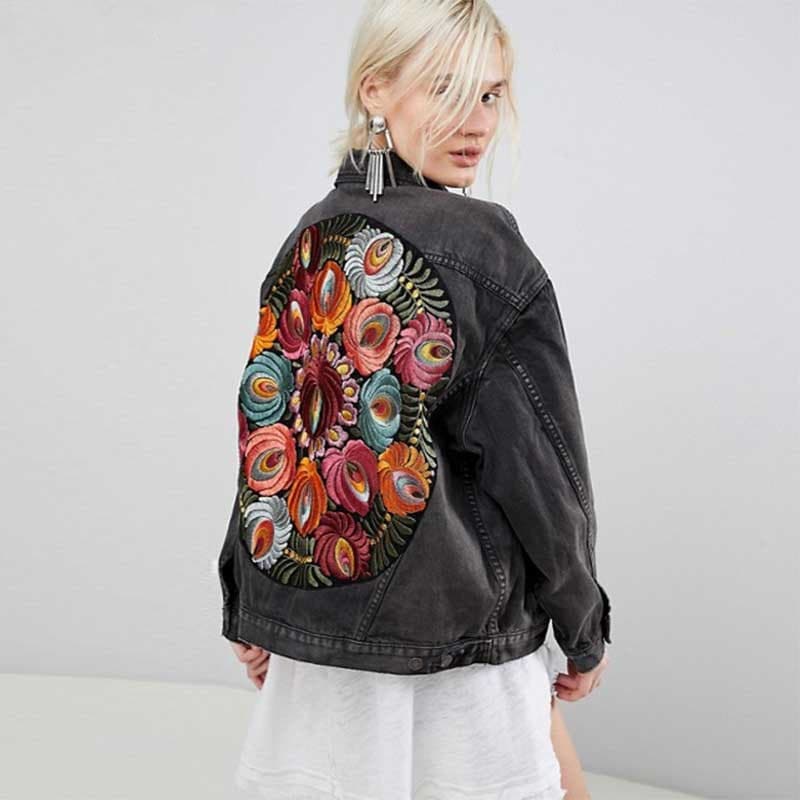 Vintage Floral Embroidery Denim Coats