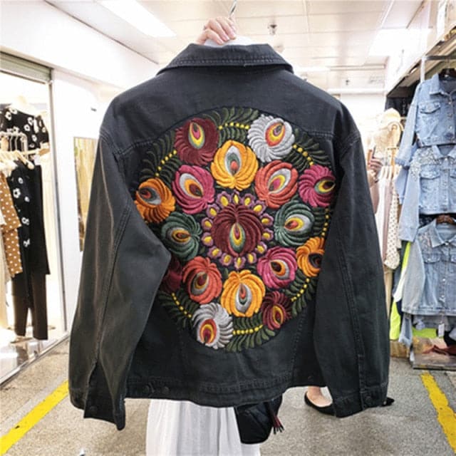 Vintage Floral Embroidery Denim Coats