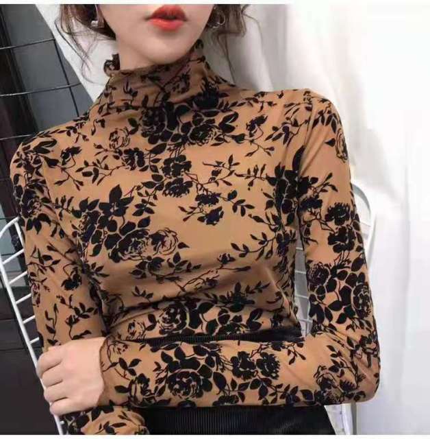 Girls Transparent Flocking Mesh Blouses Shirts Tees Female Turtleneck Full Sleeve Blouses Tops For Women