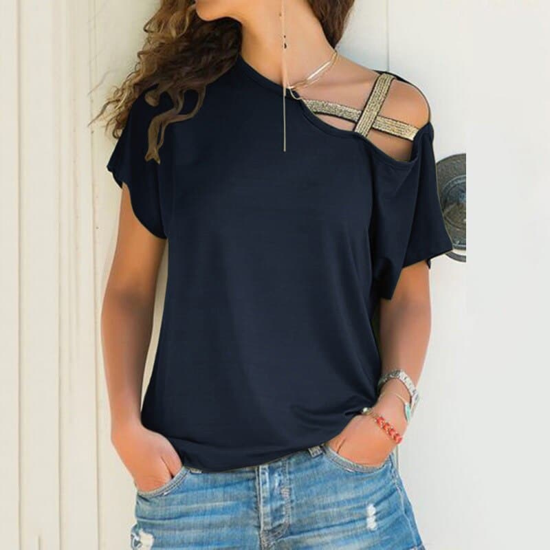 Skew Neck Irregular Criss Cross T-shirt