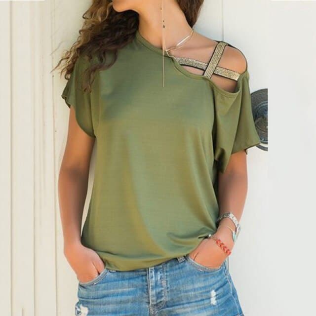 Skew Neck Irregular Criss Cross T-shirt