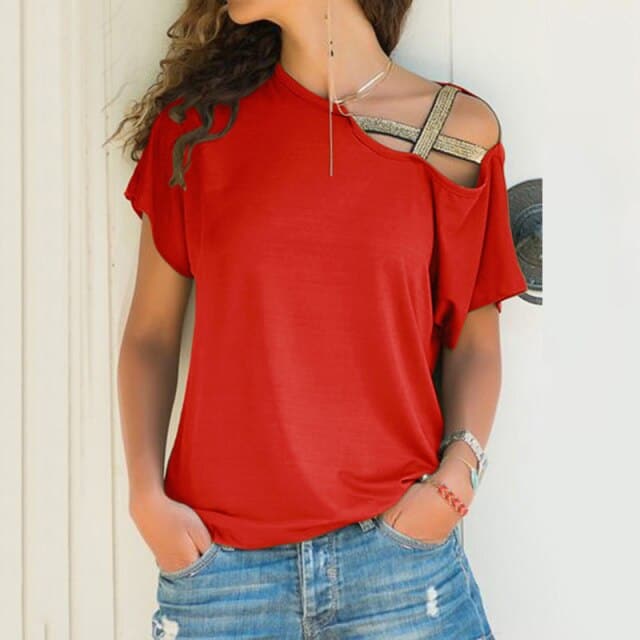 Skew Neck Irregular Criss Cross T-shirt