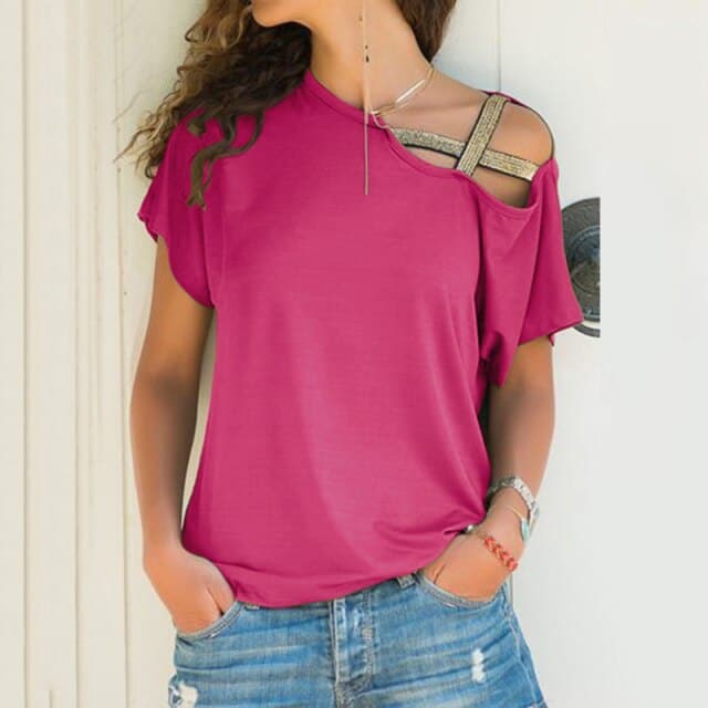 Skew Neck Irregular Criss Cross T-shirt