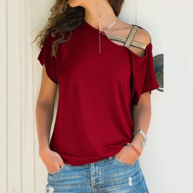 Skew Neck Irregular Criss Cross T-shirt