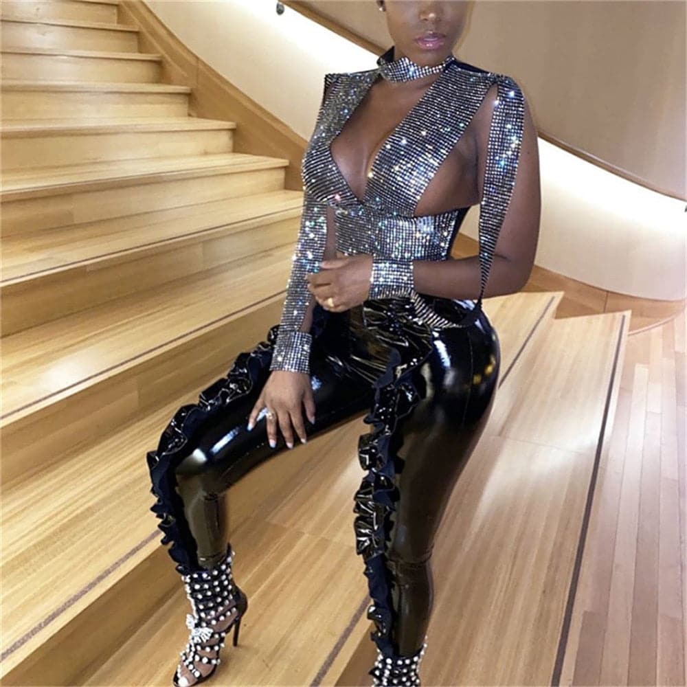 PU Leather Pencil Ruffle Pleated stacked Pants Skinny Bodycon Womne Pants High Waist Black PU Trousers Club