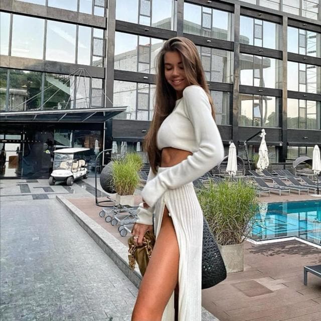 Solid Sweater Cropped Top Midi Skirt Two Piece Set Matching Set Outfits Button Up Split Skirts Winter