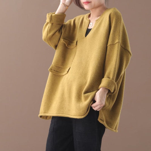 Female New Autumn and Winter Korean Style Plus Size Literary Small V-neck Single-pocket Primer Casual Sweater Outerwear