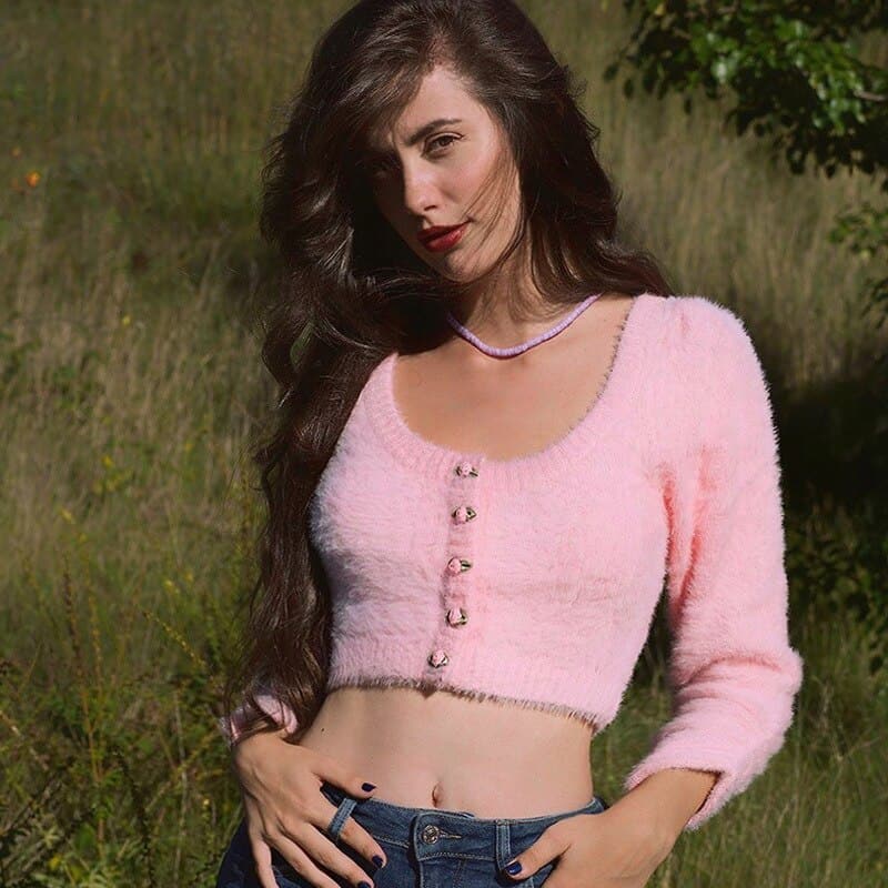 Women's Sweet Pink Fluffy Low Crew Neck Knitted Short Sweater