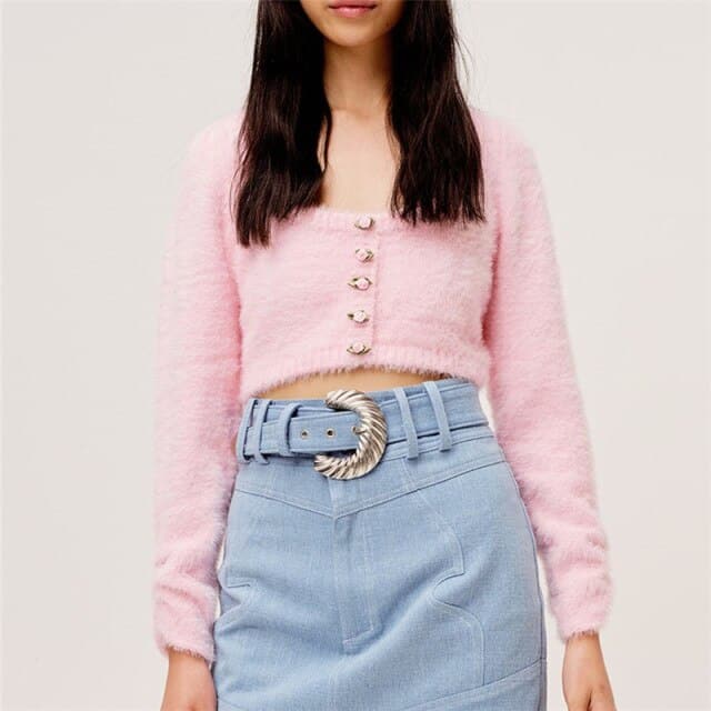 Women's Sweet Pink Fluffy Low Crew Neck Knitted Short Sweater